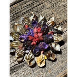 Vintage Handcrafted Seashell Flower Brooch Pin With Red & Purple Accents - Made